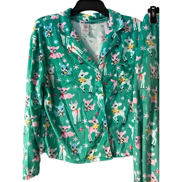 Holiday Time Pajama Set Women Christmas Green Mint Retro Reindeer Print PJ's NEW - Picture 2 of 8